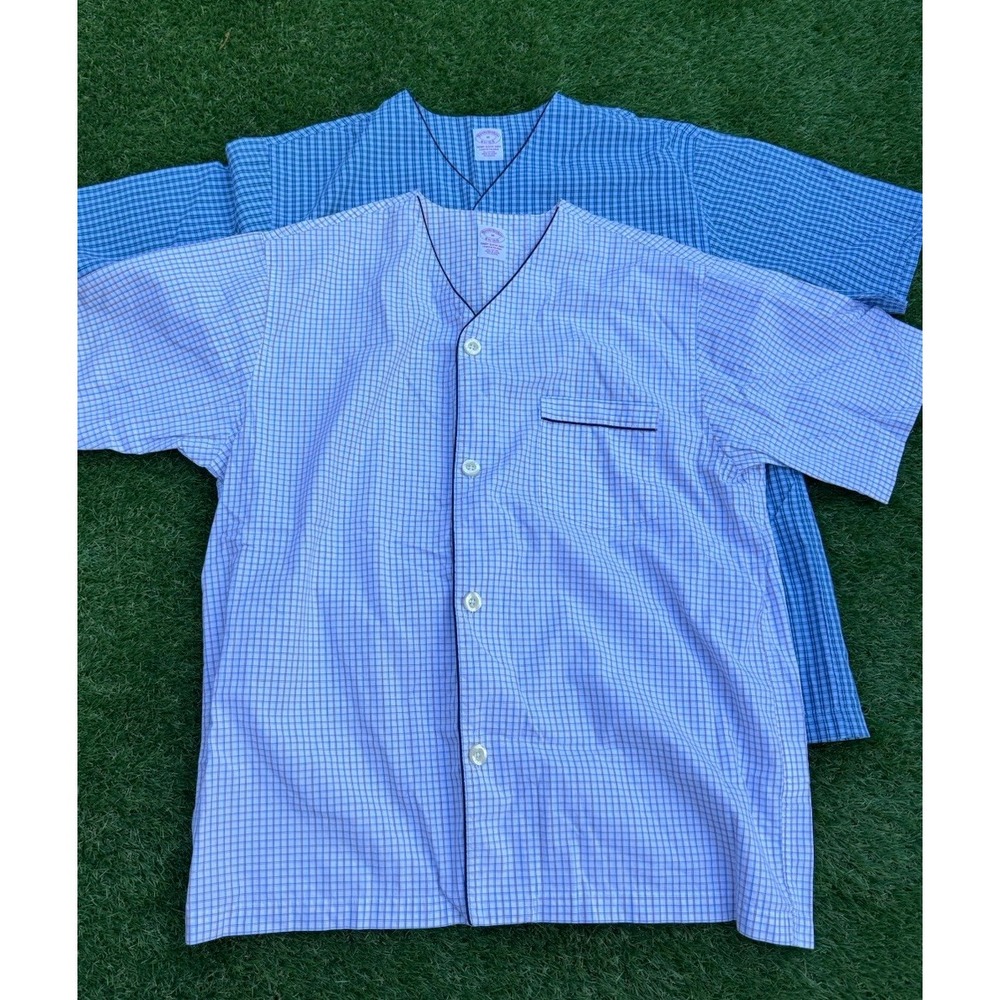 Brooks Brothers Men's Pajama Stripe Button Up Shirt M Blue S/S Lot 2 TOP ONLY